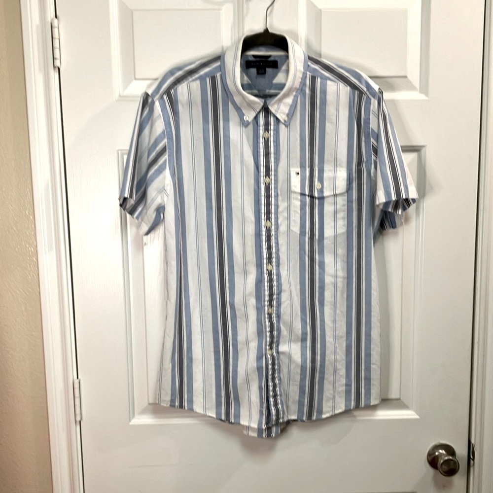 Men's Tommy Hilfiger White & Blue Striped Button Down Shirt Size Large
